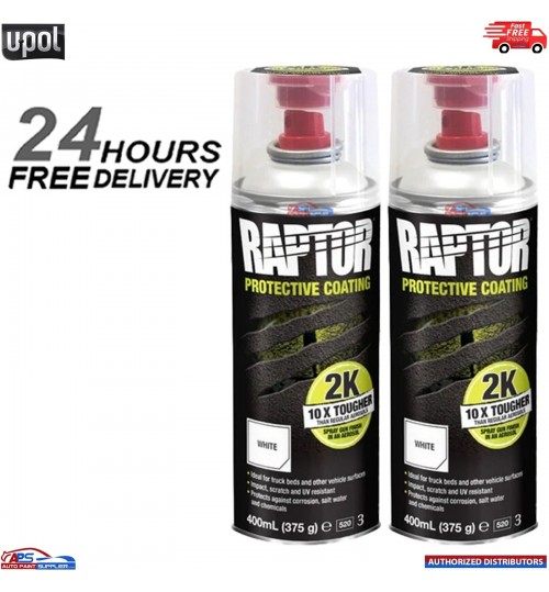 2 X UPOL RAPTOR 2K TOUGH BED LINER U-POL PROTECTOR 400ML AEROSOL - WHITE